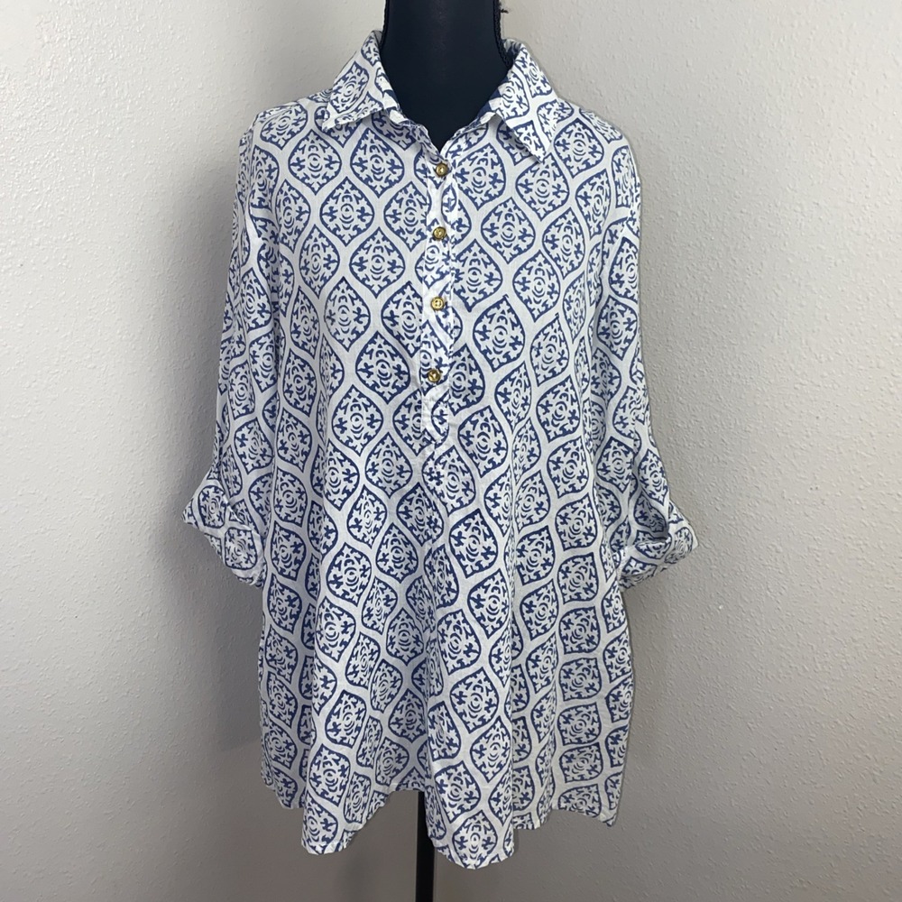 Liza Byrd Tunic Top Women's Small Blue & White Damask Print Beachy Nautical